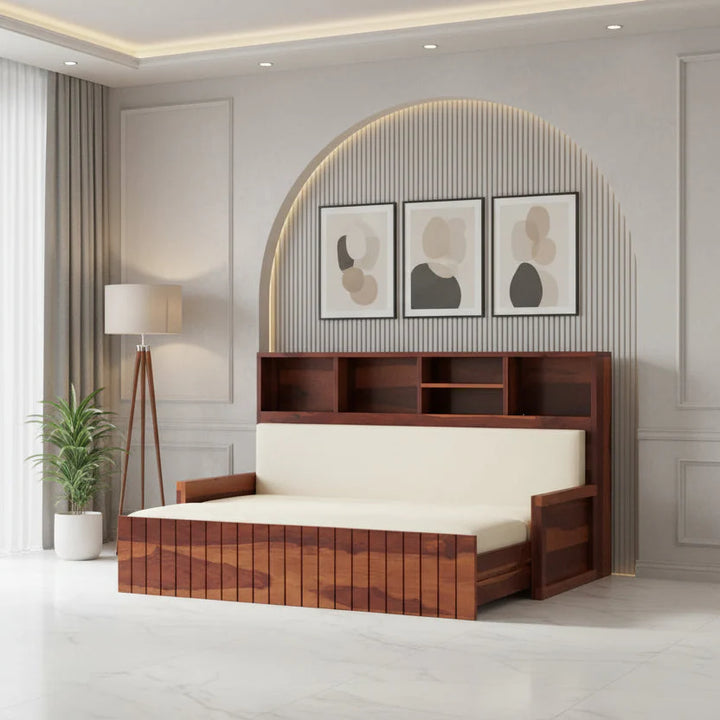 Taras Solid Wood Sheesham Sofa Cum Bed | Solid Wood Sofa Come Bed (Honey Finish)