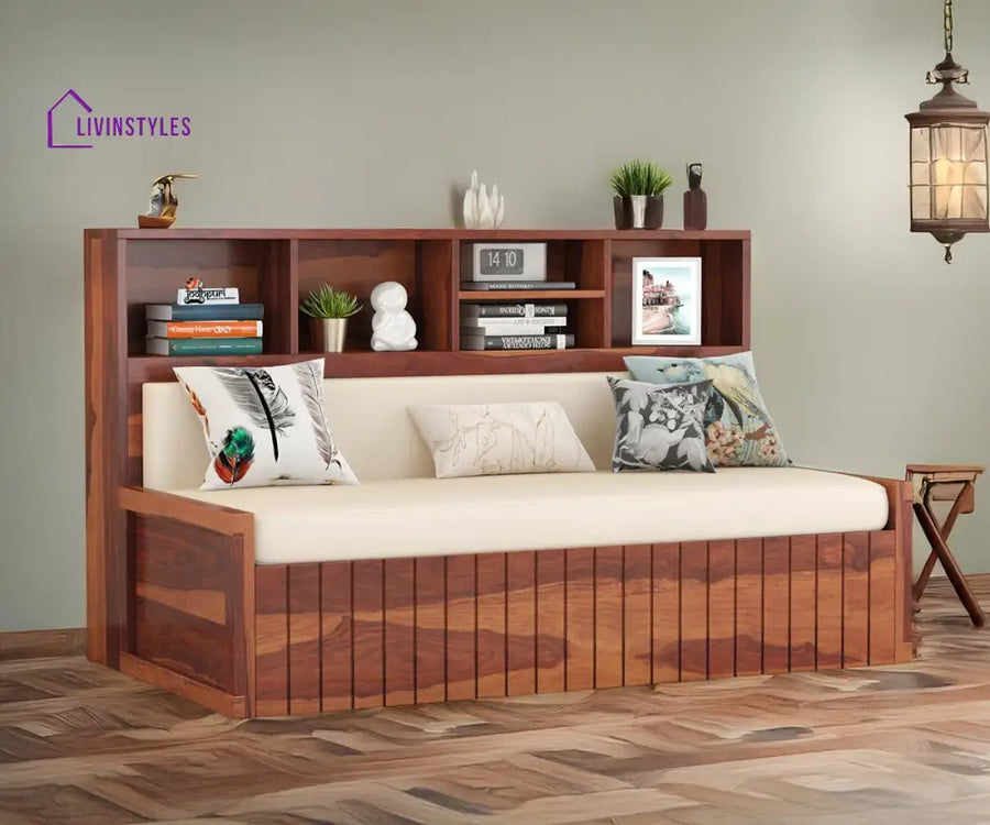 Taras Solid Wood Sheesham Sofa Cum Bed | Solid Wood Sofa Come Bed (Honey Finish)