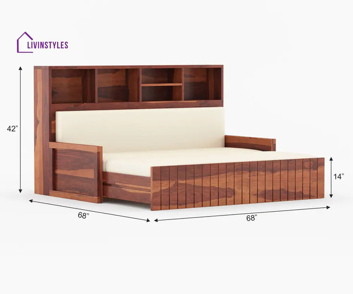 Taras Solid Wood Sheesham Sofa Cum Bed | Solid Wood Sofa Come Bed (Honey Finish)