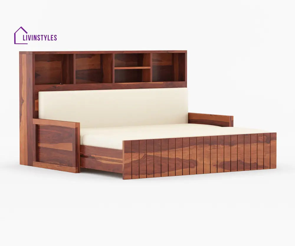 Taras Solid Wood Sheesham Sofa Cum Bed | Solid Wood Sofa Come Bed (Honey Finish)