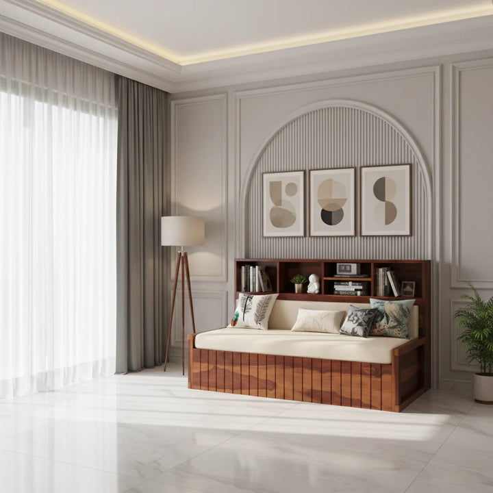 Taras Solid Wood Sheesham Sofa Cum Bed | Solid Wood Sofa Come Bed (Honey Finish)