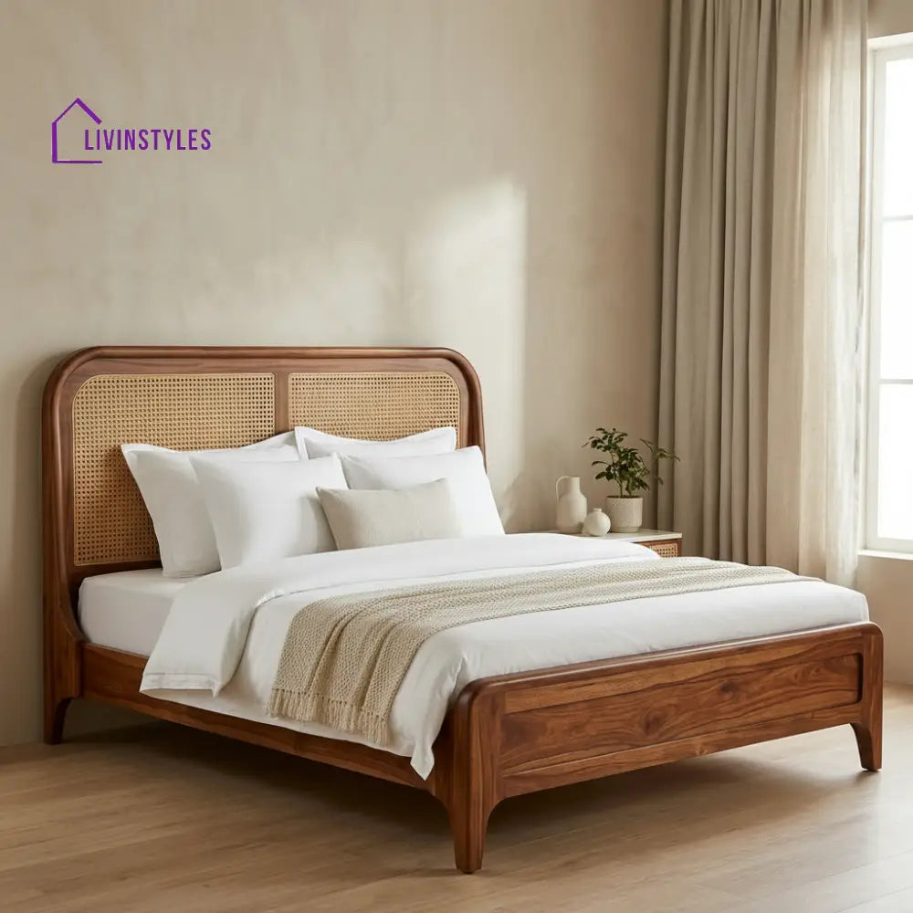 Tarun Wooden Bed with Cane Weaving Headboard Design | Bed without Storage