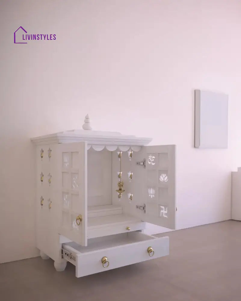 Tatiana Compact White Solid Wood Pooja Mandir for Home | Handcrafted Home Temple with Tray