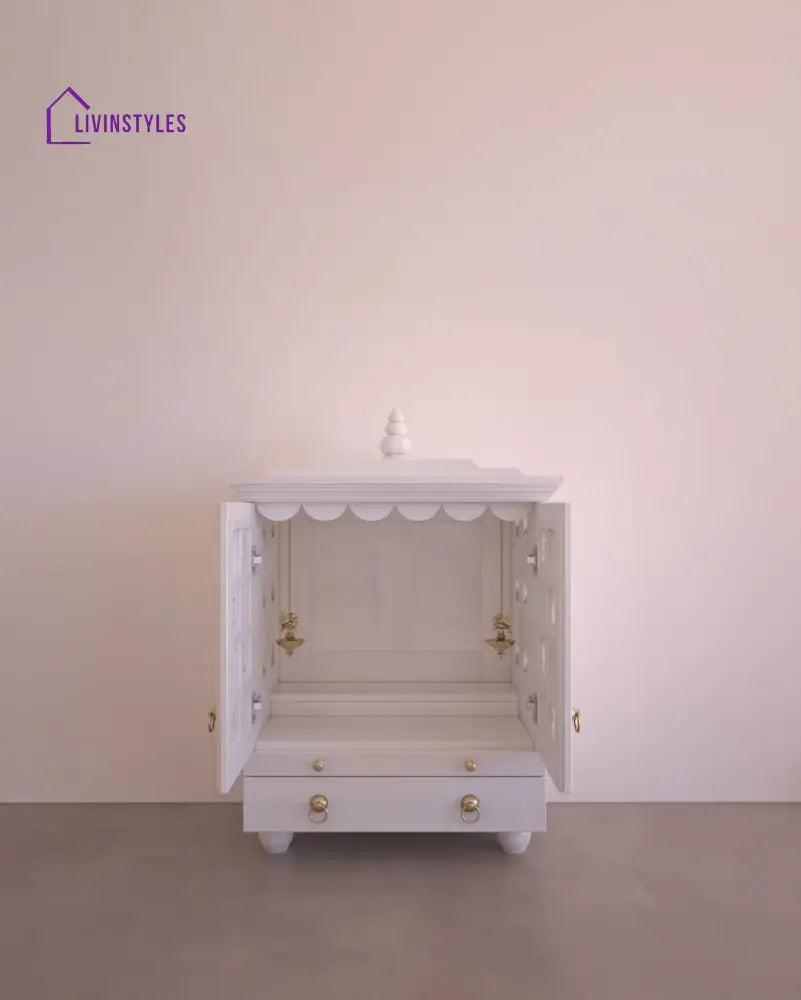 Tatiana Compact White Solid Wood Pooja Mandir for Home | Handcrafted Home Temple with Tray