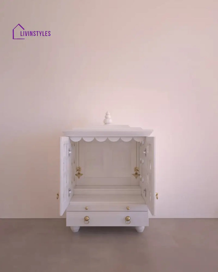 Tatiana Compact White Solid Wood Pooja Mandir for Home | Handcrafted Home Temple with Tray