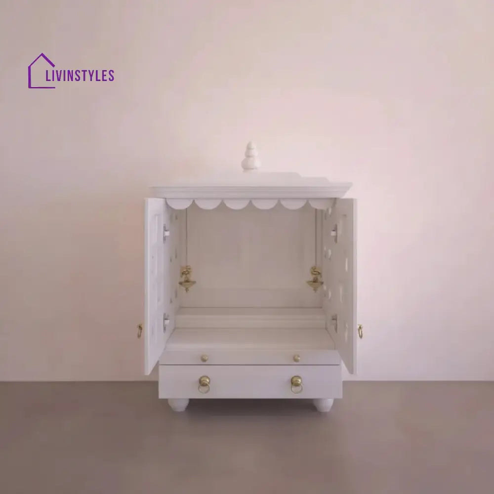 Tatiana Compact White Solid Wood Pooja Mandir for Home | Handcrafted Home Temple with Tray