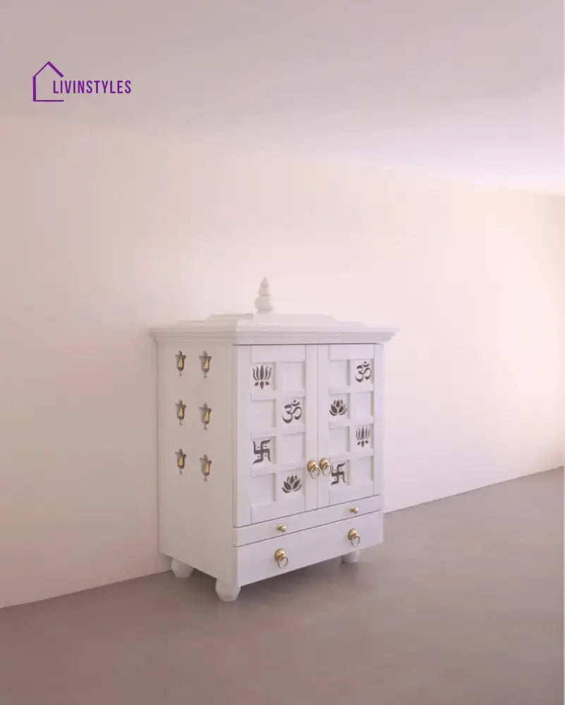 Tatiana Compact White Solid Wood Pooja Mandir for Home | Handcrafted Home Temple with Tray