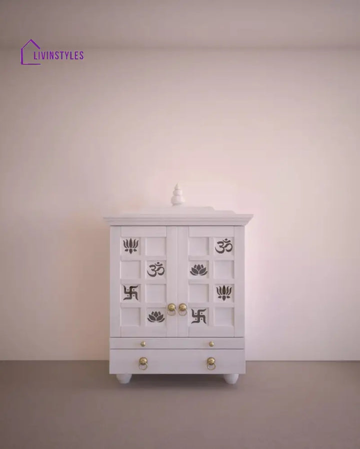 Tatiana Compact White Solid Wood Pooja Mandir for Home | Handcrafted Home Temple with Tray