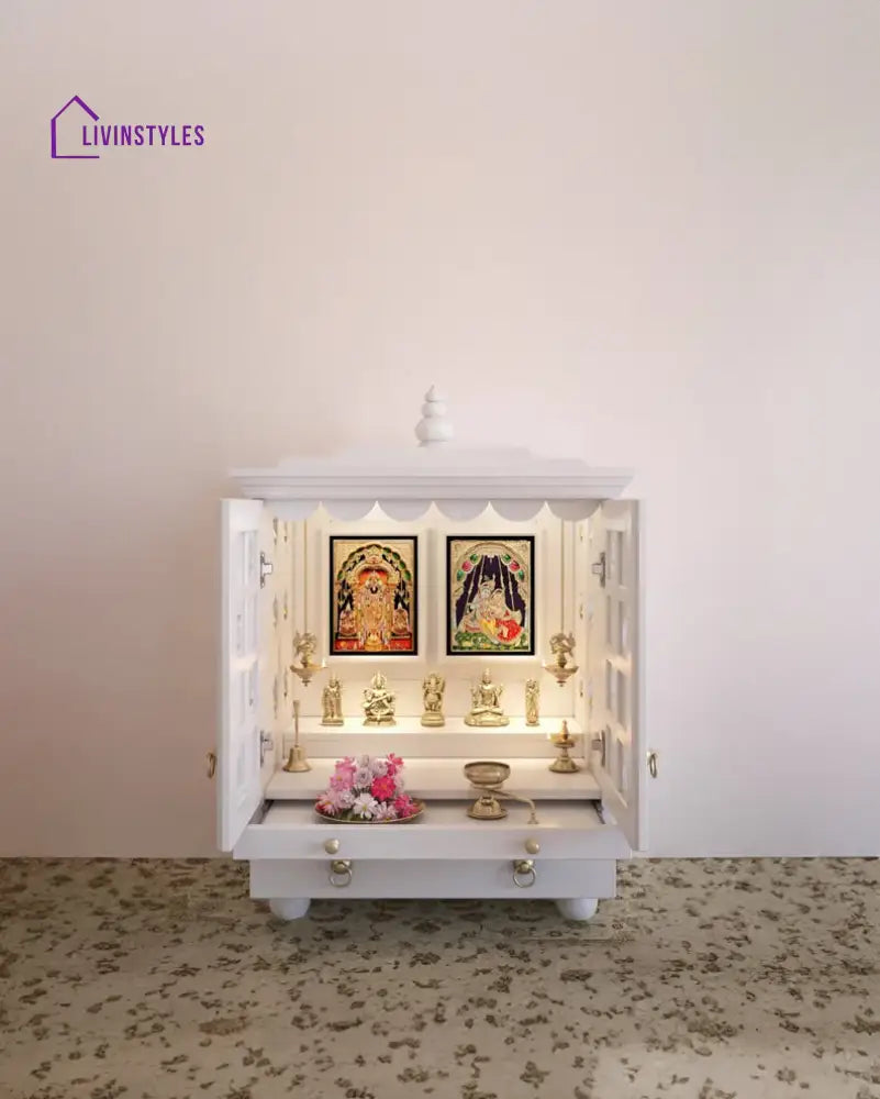 Tatiana Compact White Solid Wood Pooja Mandir for Home | Handcrafted Home Temple with Tray