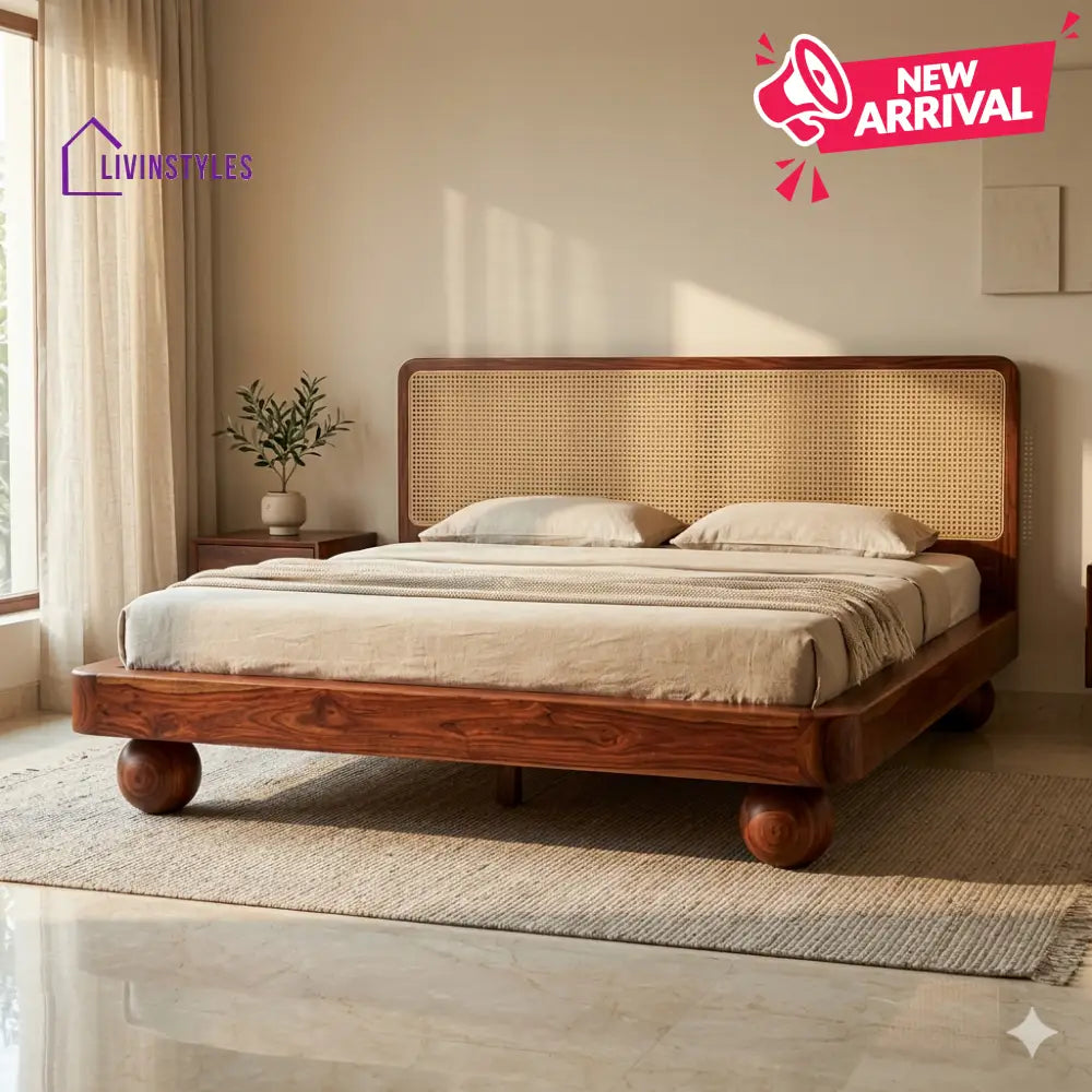 Tatiana Sheesham Wood Bed with Ball Shaped Legs and Cane Weaving Headboard