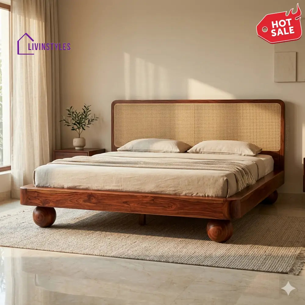 Tatiana Sheesham Wood Bed with Ball Shaped Legs and Cane Weaving Headboard