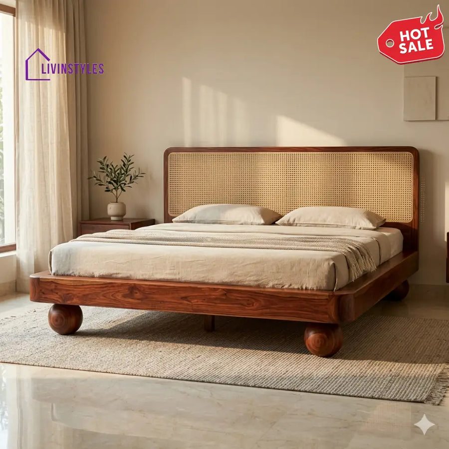 Tatiana Sheesham Wood Bed with Ball Shaped Legs and Cane Weaving Headboard