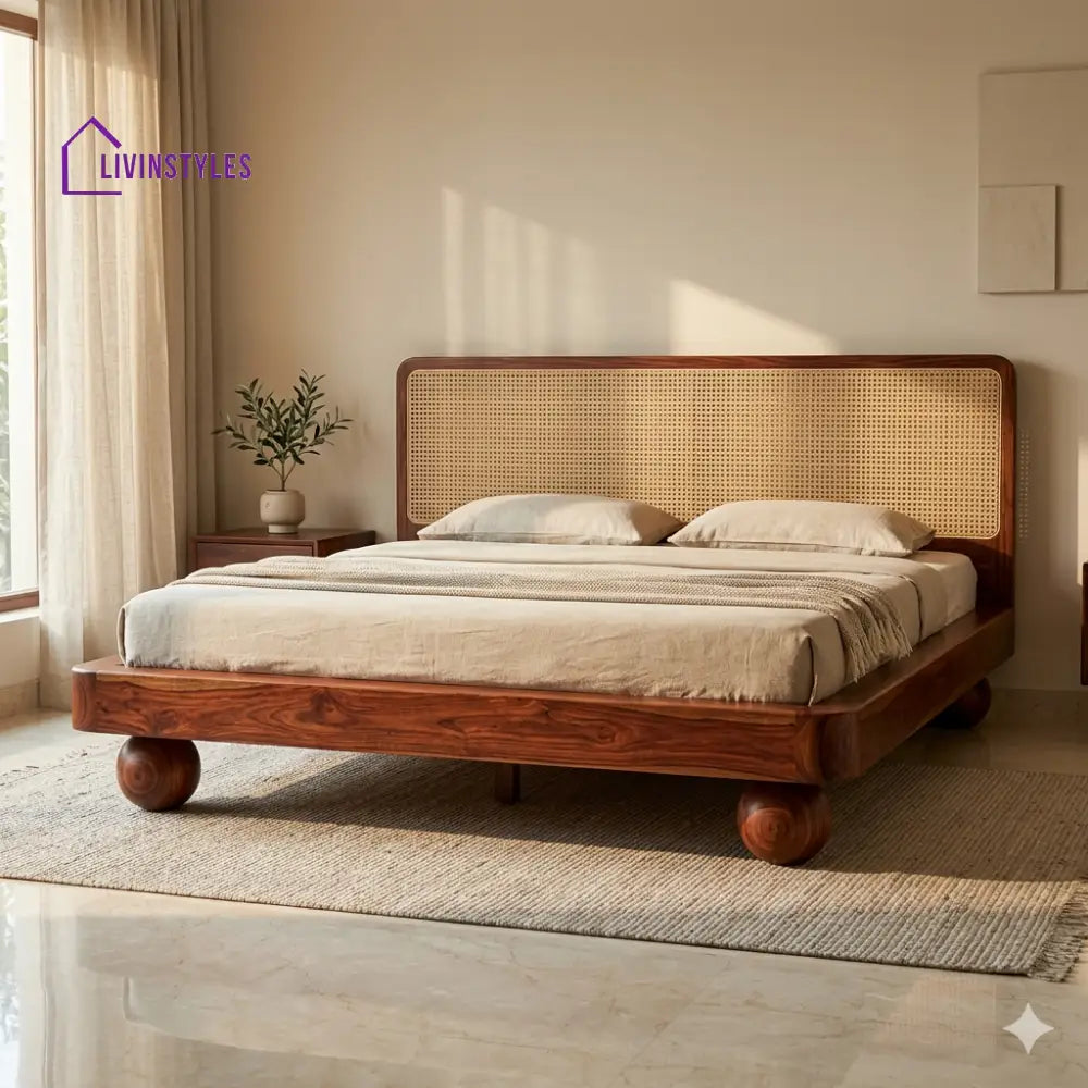 Tatiana Sheesham Wood Bed with Ball Shaped Legs and Cane Weaving Headboard