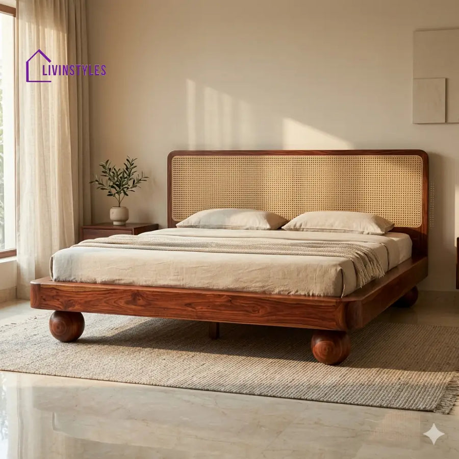 Tatiana Sheesham Wood Bed with Ball Shaped Legs and Cane Weaving Headboard