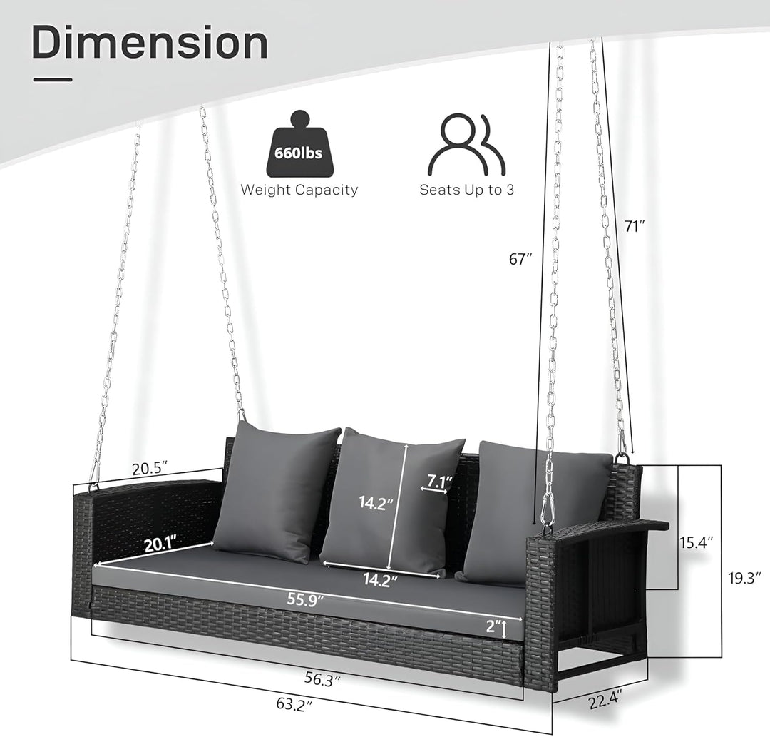 Vito Three Seater Hanging Swing Without Stand For Balcony , Garden Swing (Black)