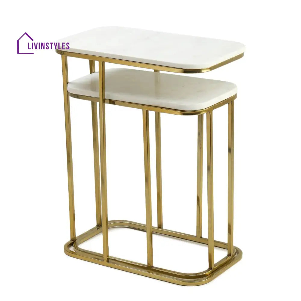 Tehran Rectangle Iron Stand Side Marble Table Set of 2 Table