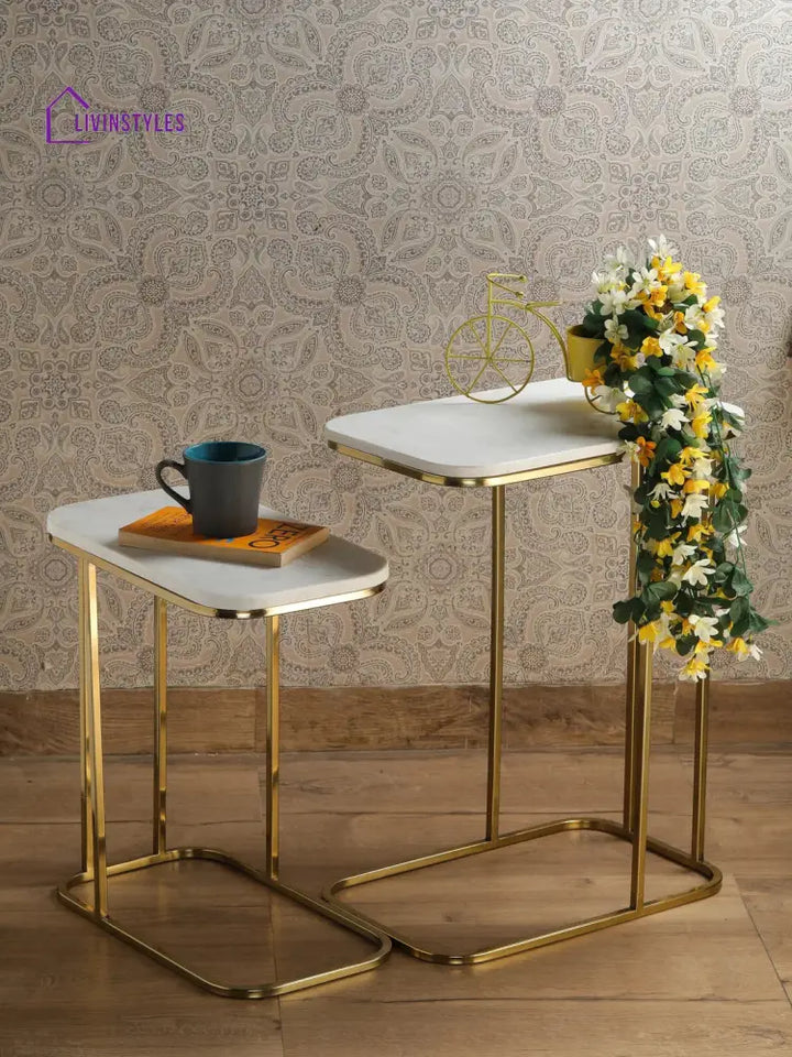 Tehran Rectangle Iron Stand Side Marble Table Set of 2 Table