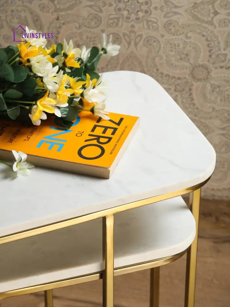 Tehran Rectangle Iron Stand Side Marble Table Set of 2 Table