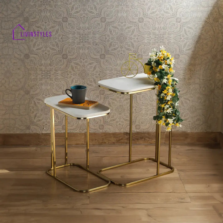 Tehran Rectangle Iron Stand Side Marble Table Set of 2 Table