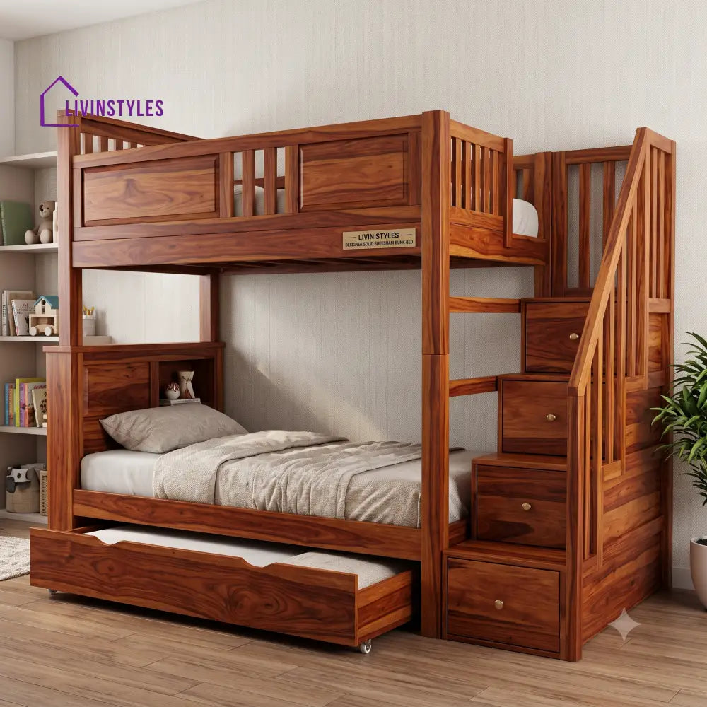 Tejas Sheesham Wood Bunk Bed With Storage | Kids Bed