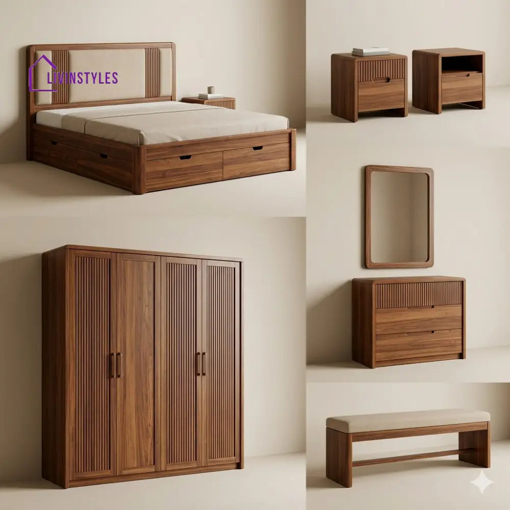 Tejas Solid Sheesham Wood Bedroom Set with Bed Bedside Tables Bench Wardrobe & Dresser