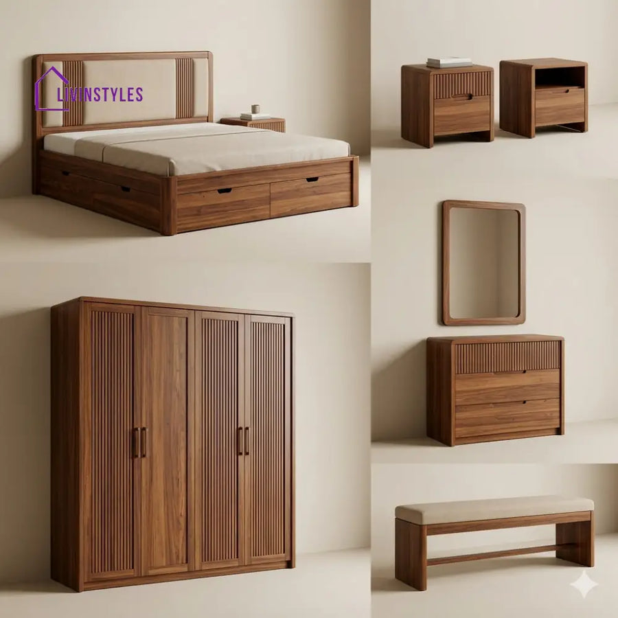 Tejas Solid Sheesham Wood Bedroom Set with Bed Bedside Tables Bench Wardrobe & Dresser