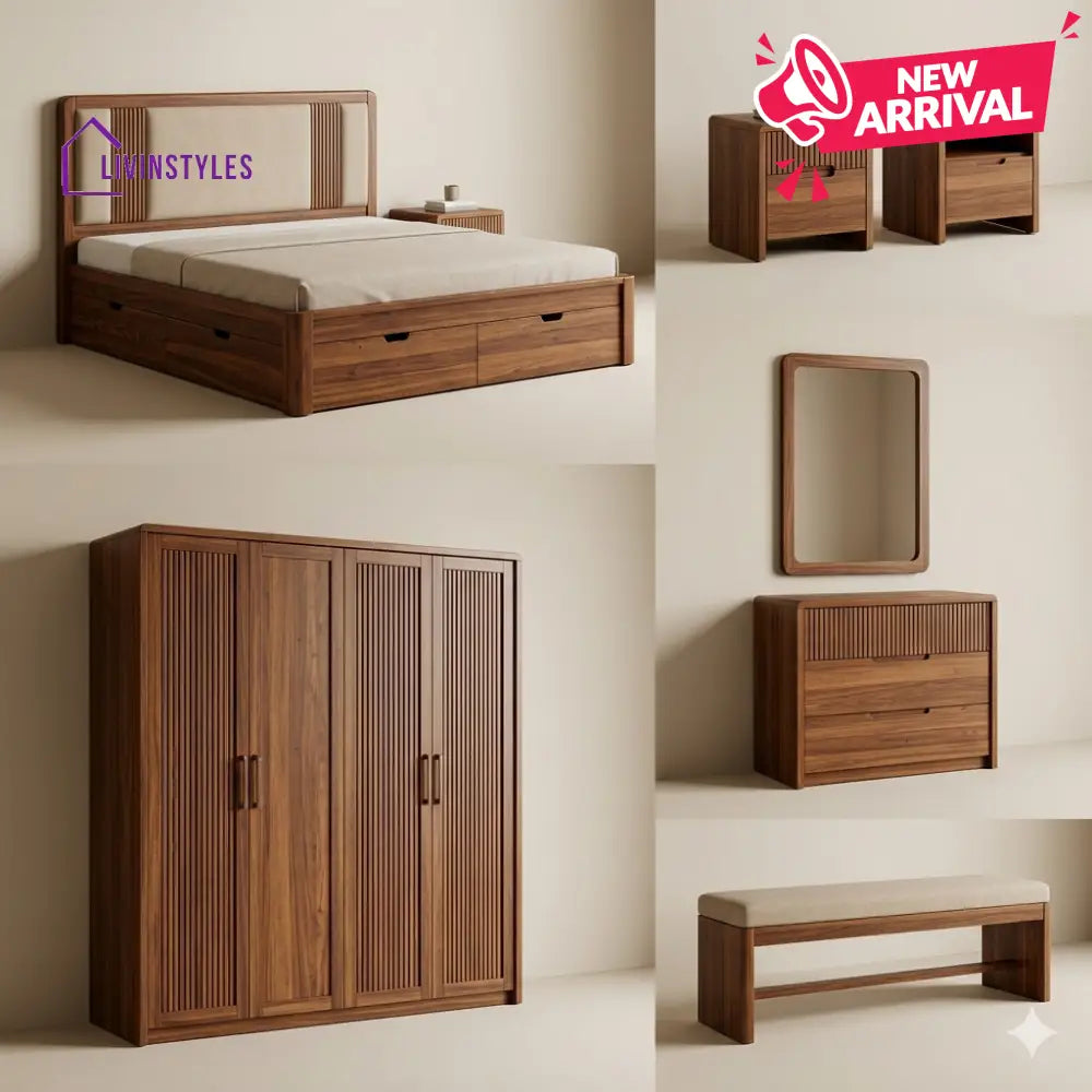 Tejas Solid Sheesham Wood Bedroom Set with Bed Bedside Tables Bench Wardrobe & Dresser