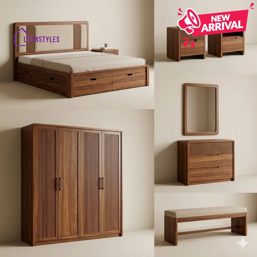 Tejas Solid Sheesham Wood Bedroom Set with Bed Bedside Tables Bench Wardrobe & Dresser
