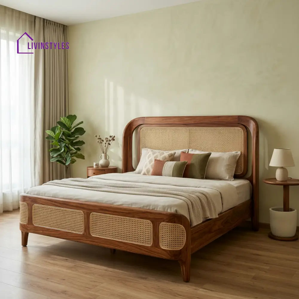 Tejas Wooden Bed with Cane Weaving Headboard Design | Bed without Storage