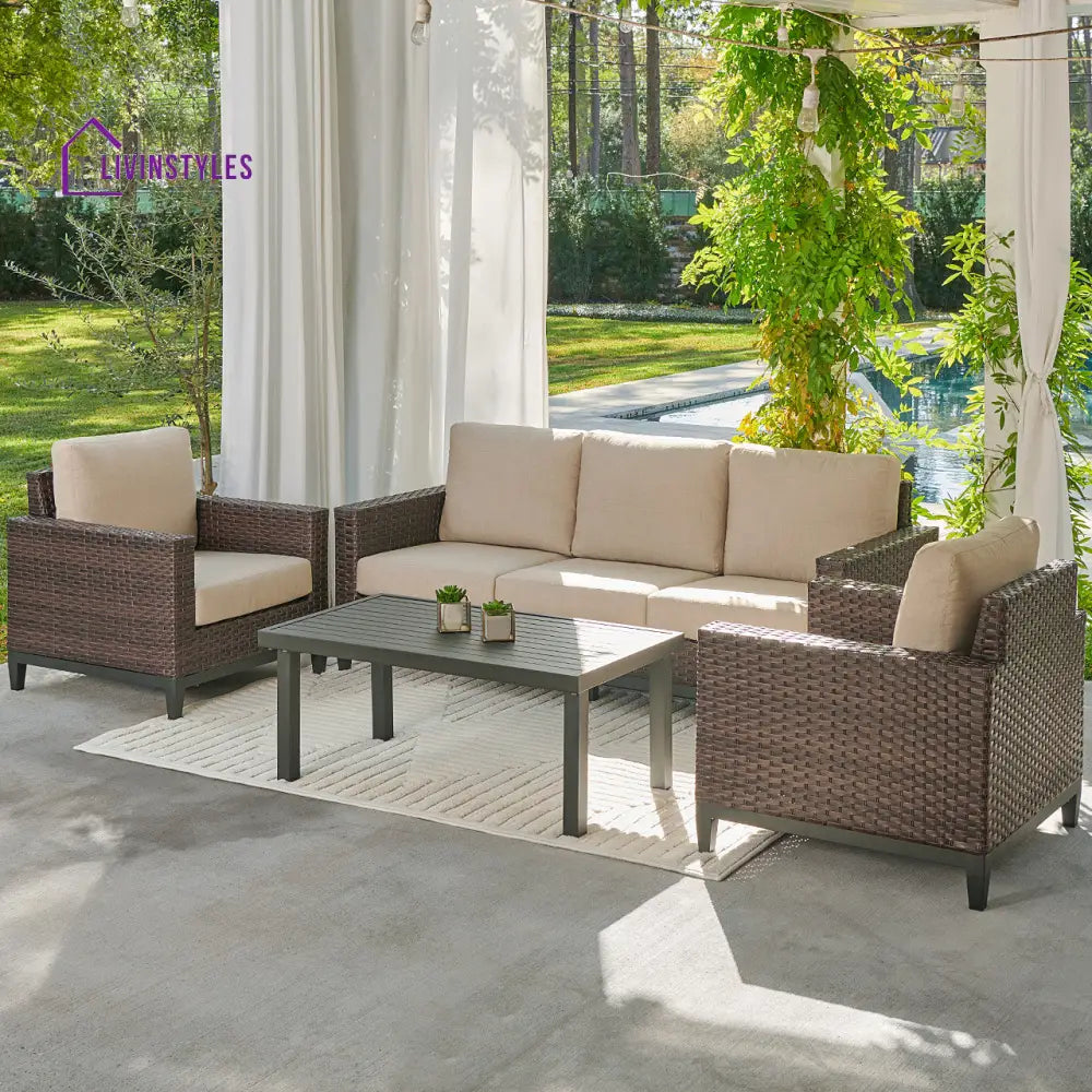 Tello Outdoor Garden Balcony Sofa Set 3 Seater 2 Single seater and 1 Center Table Set (Brown) - Beige - Sofa Sets
