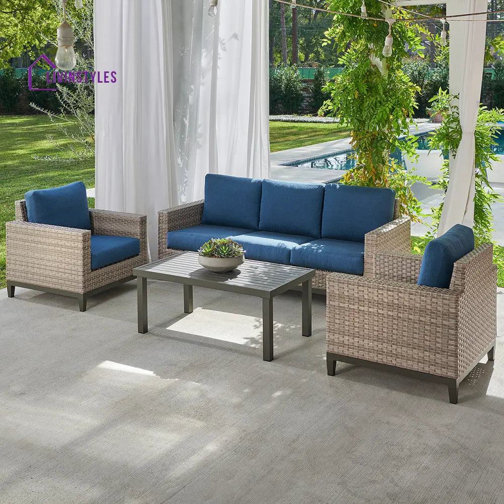 Tello Outdoor Garden Balcony Sofa Set 3 Seater 2 Single seater and 1 Center Table Set (Brown) - Navy Blue - Sofa Sets