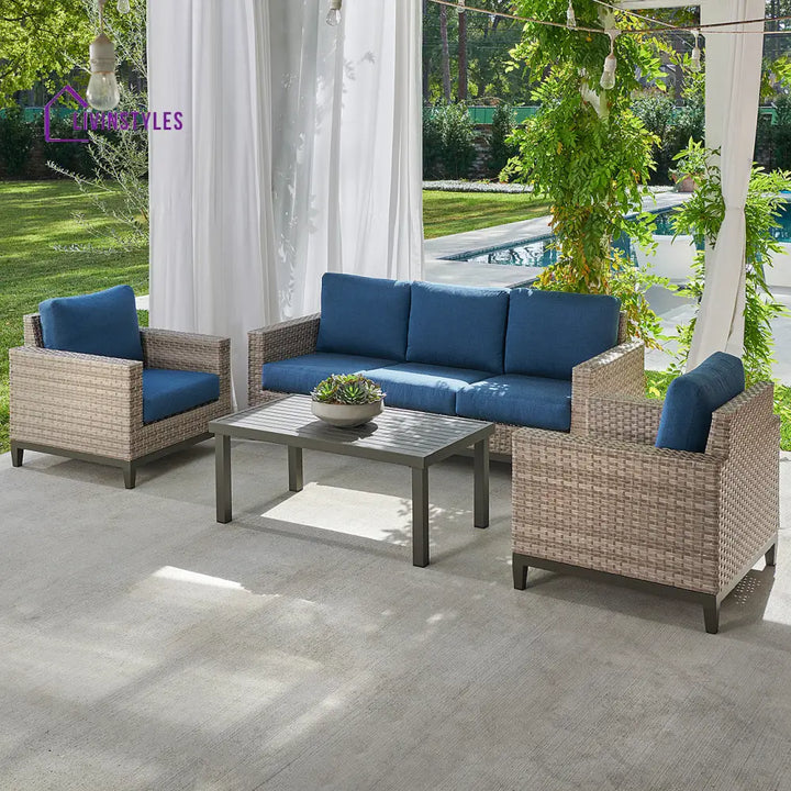 Tello Outdoor Garden Balcony Sofa Set 3 Seater 2 Single seater and 1 Center Table Set (Brown) - Navy Blue - Sofa Sets