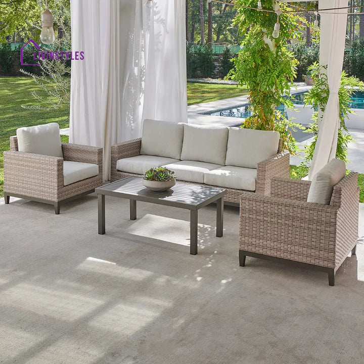 Tello Outdoor Garden Balcony Sofa Set 3 Seater 2 Single seater and 1 Center Table Set (Brown) - Off White - Sofa Sets