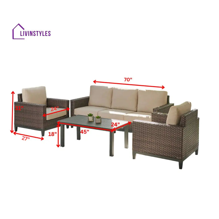 Tello Outdoor Garden Balcony Sofa Set 3 Seater 2 Single seater and 1 Center Table Set (Brown) - Sofa Sets