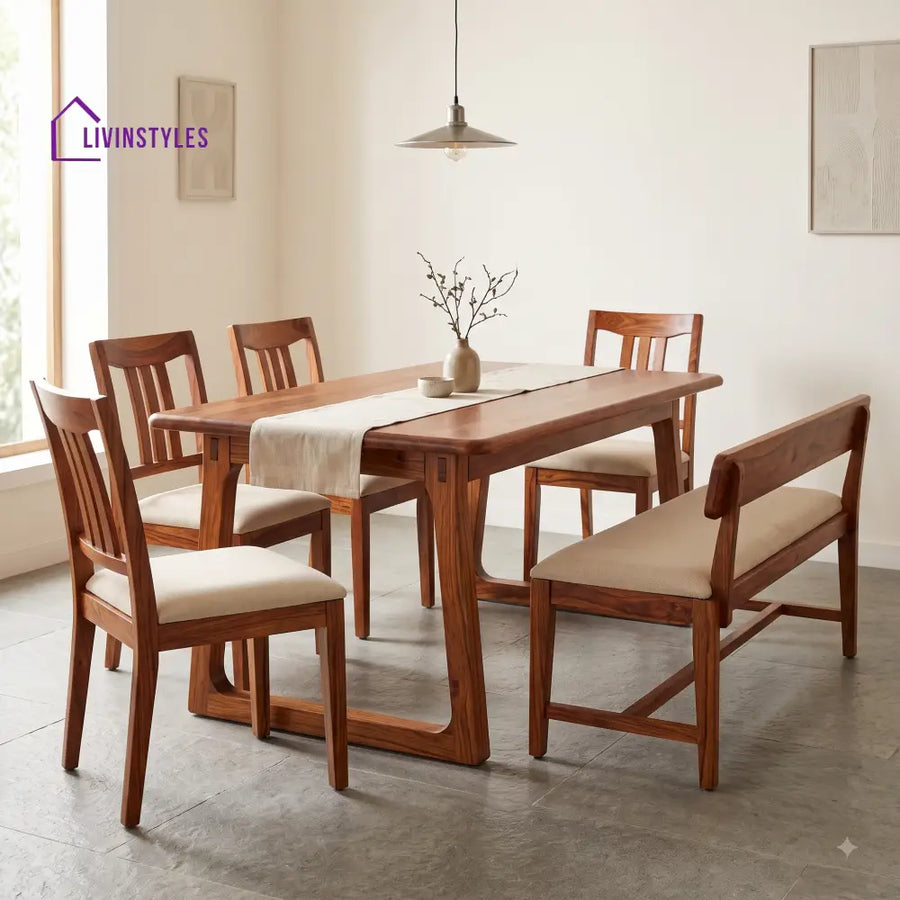 Temilade Wooden 6 Seater Dining Table Set | 4 Chairs and 1 Bench | Table 72 X 36 X 30 Inch