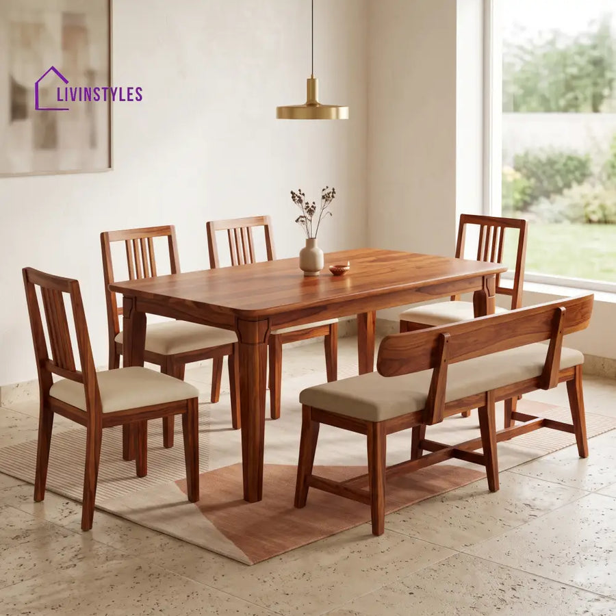 Temitope Wooden 6 Seater Dining Table Set | 4 Chairs and 1 Bench | Table 72 X 36 X 30 Inch