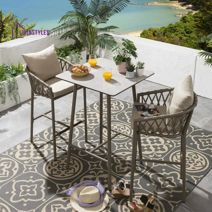 Teófila Outdoor Patio Bar Set 2 Chairs and 1 Table Set Braided & Rope - Beige - Bar Sets
