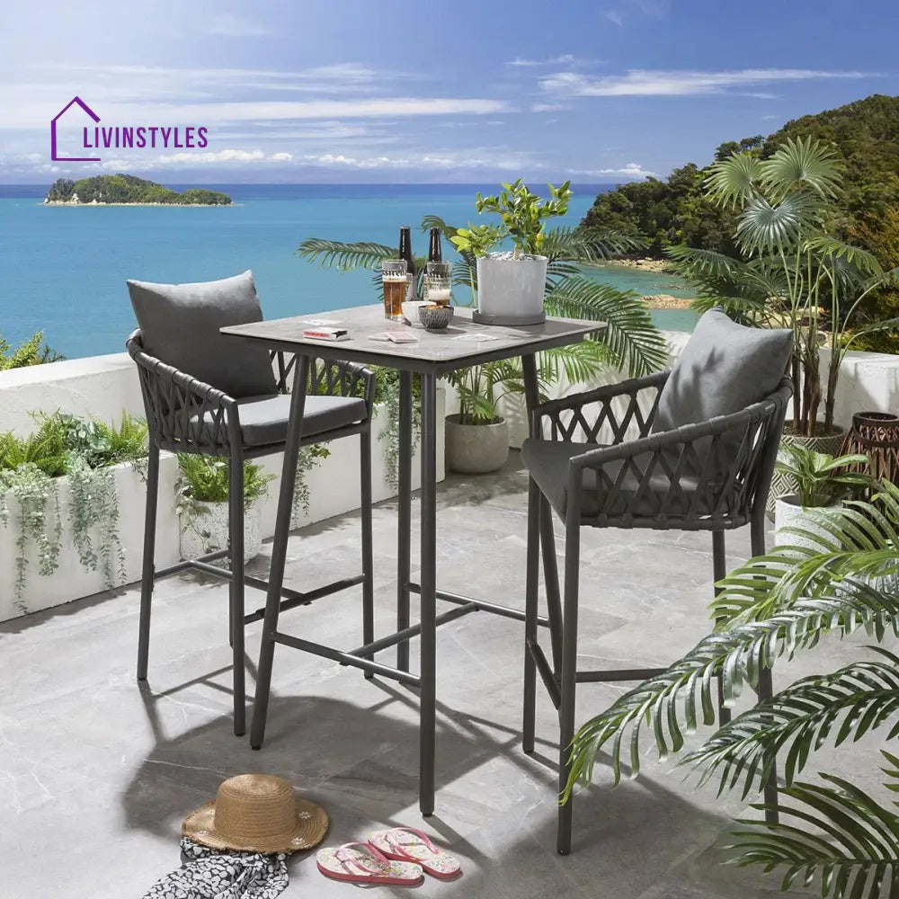 Teófila Outdoor Patio Bar Set 2 Chairs and 1 Table Set Braided & Rope - Grey - Bar Sets