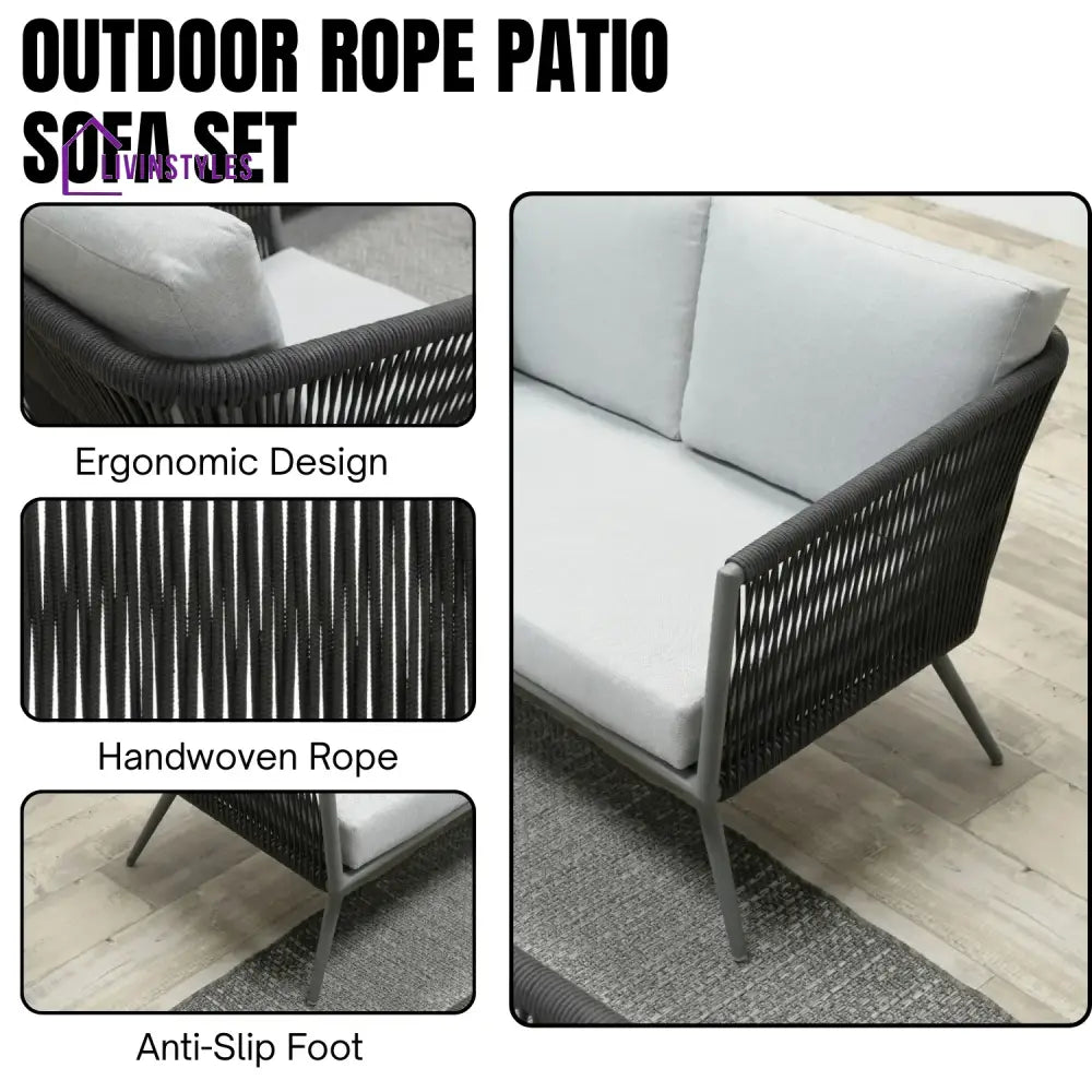 Teresa 5-Seater Outdoor Rope Patio Sofa Set with Glass Top Tables (Black & Grey) - Sofa Set
