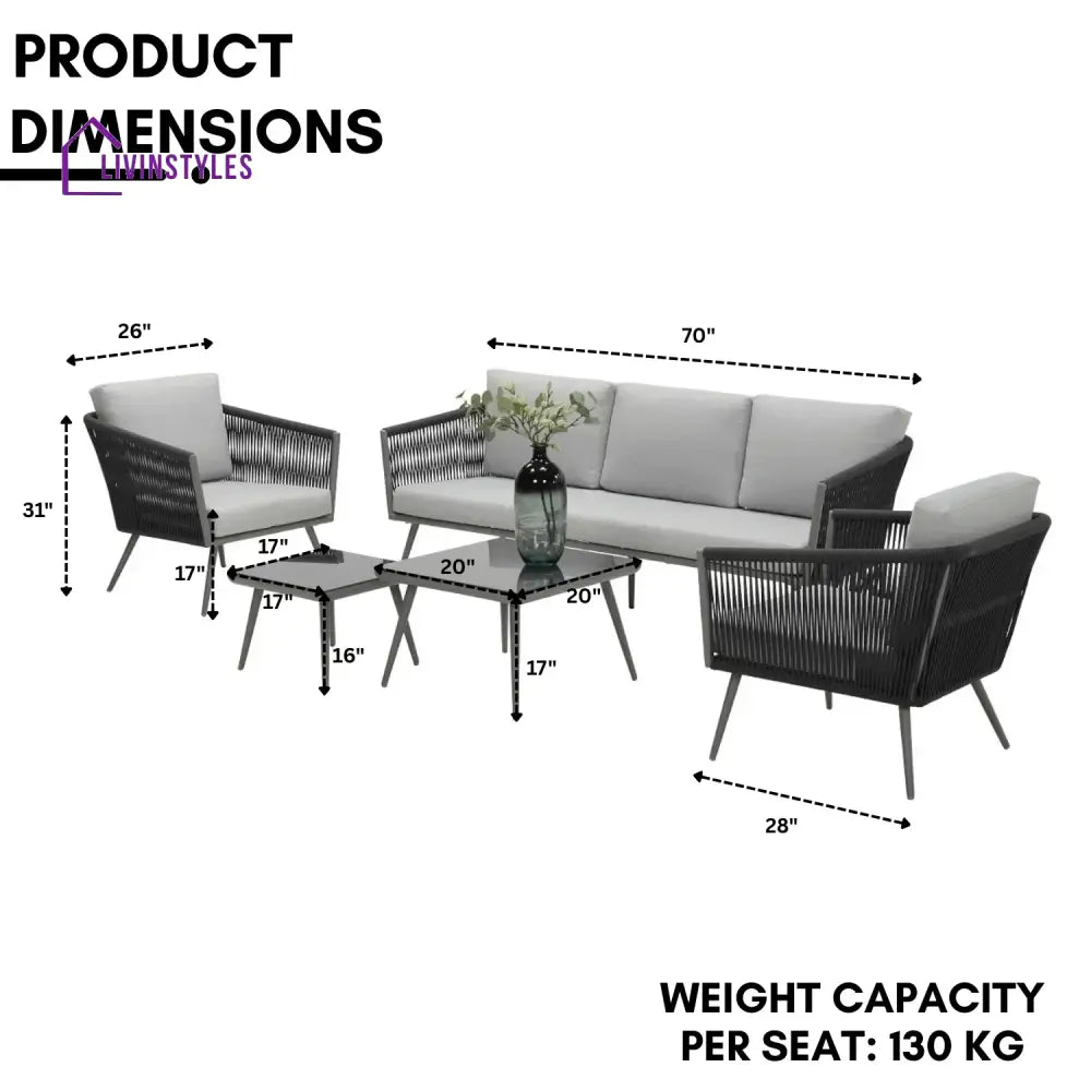 Teresa 5-Seater Outdoor Rope Patio Sofa Set with Glass Top Tables (Black & Grey) - Sofa Set