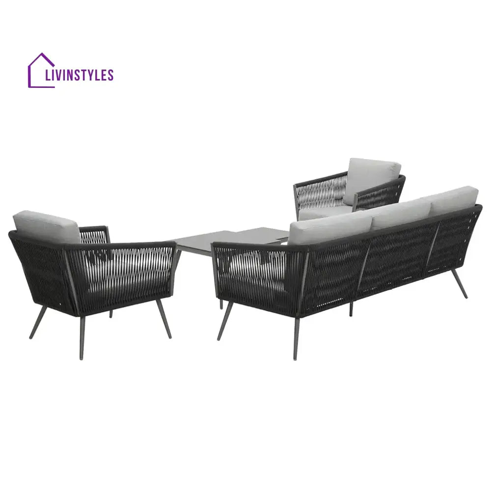 Teresa 5-Seater Outdoor Rope Patio Sofa Set with Glass Top Tables (Black & Grey) - Sofa Set