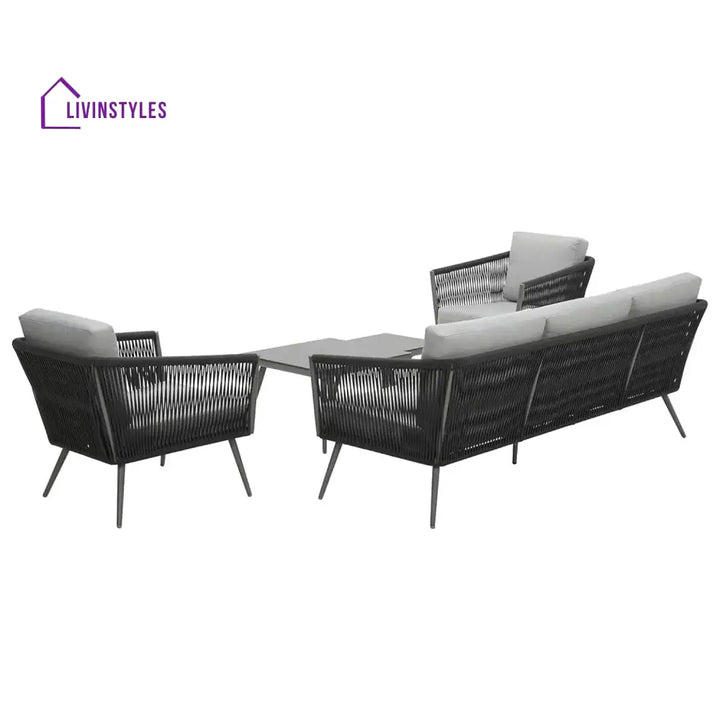 Teresa 5-Seater Outdoor Rope Patio Sofa Set with Glass Top Tables (Black & Grey) - Sofa Set