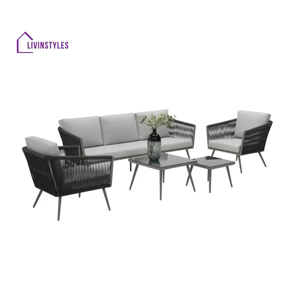 Teresa 5-Seater Outdoor Rope Patio Sofa Set with Glass Top Tables (Black & Grey) - Sofa Set