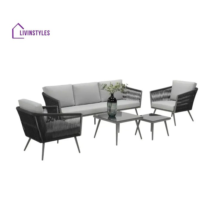 Teresa 5-Seater Outdoor Rope Patio Sofa Set with Glass Top Tables (Black & Grey) - Sofa Set