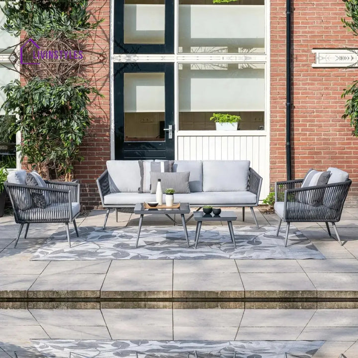 Teresa 5-Seater Outdoor Rope Patio Sofa Set with Glass Top Tables (Black & Grey) - Sofa Set