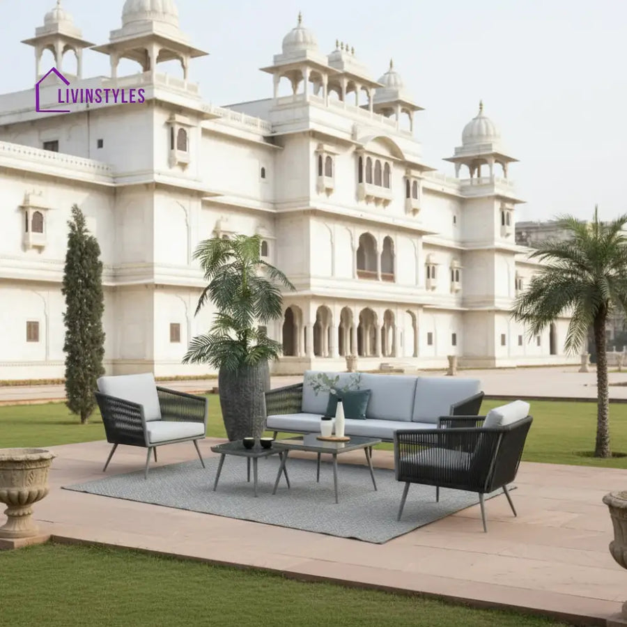 Teresa 5-Seater Outdoor Rope Patio Sofa Set with Glass Top Tables (Black & Grey) - Sofa Set