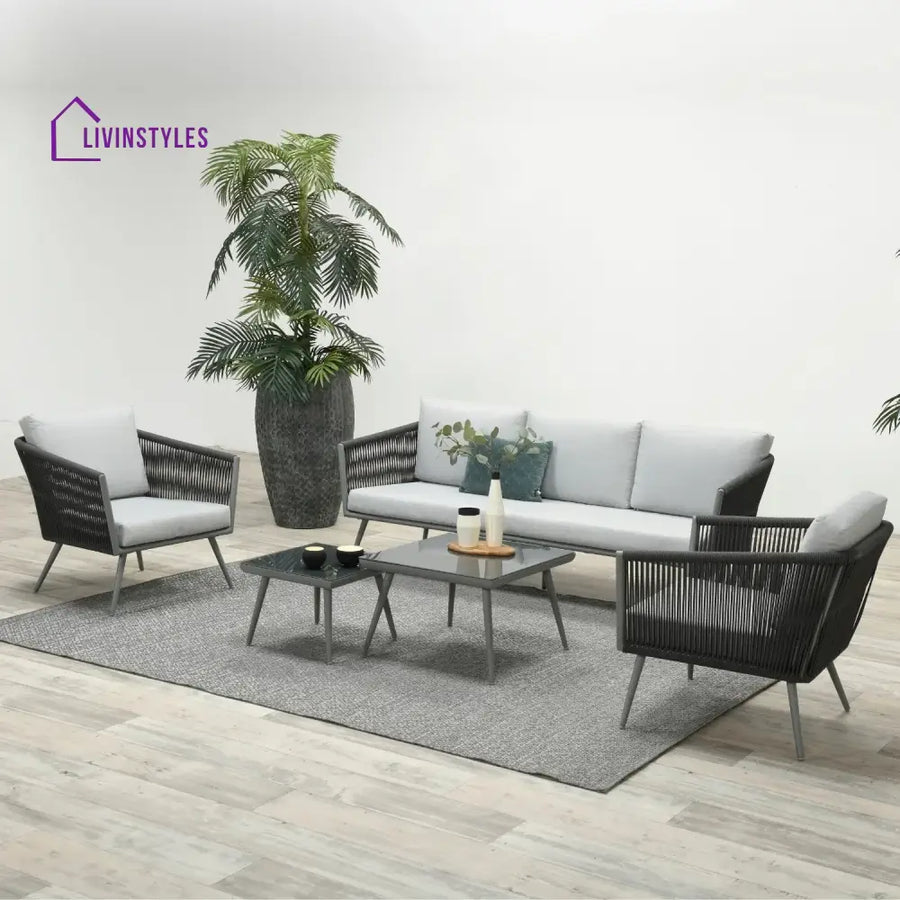Teresa 5-Seater Outdoor Rope Patio Sofa Set with Glass Top Tables (Black & Grey) - Sofa Set