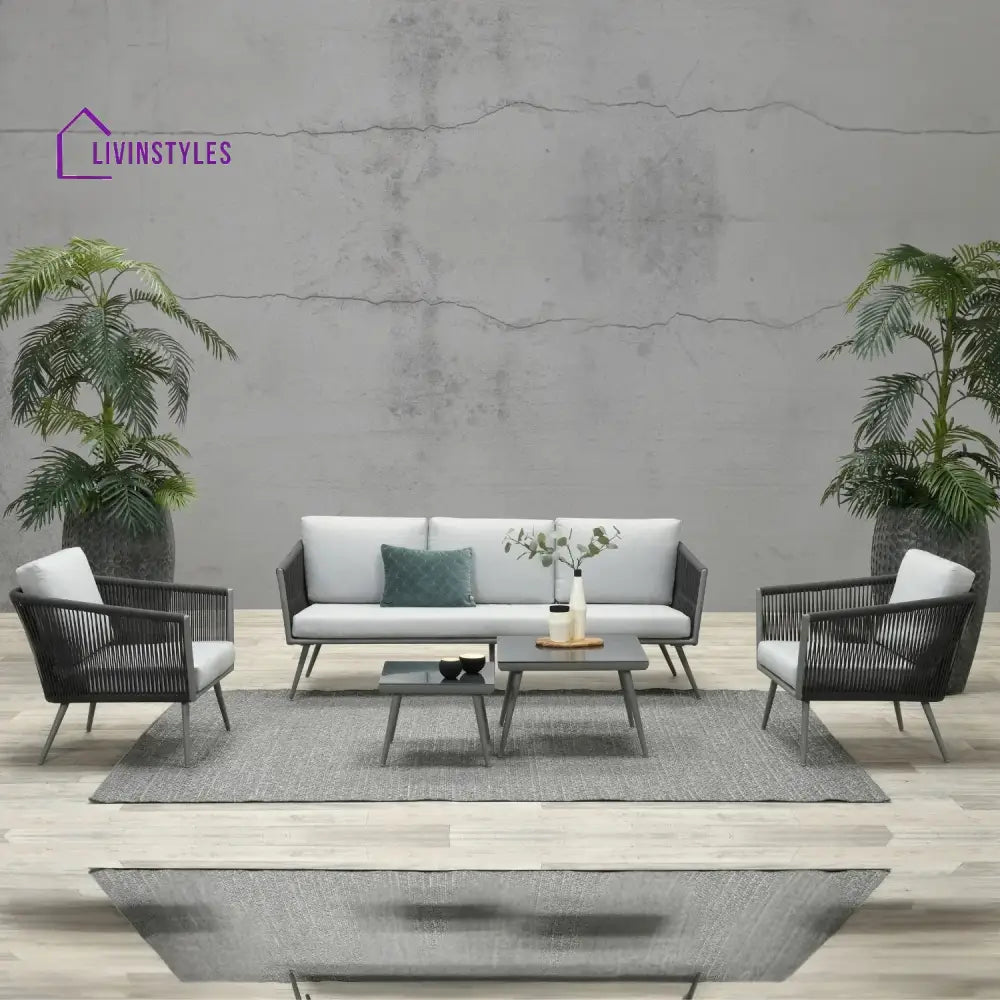 Teresa 5-Seater Outdoor Rope Patio Sofa Set with Glass Top Tables (Black & Grey) - Sofa Set