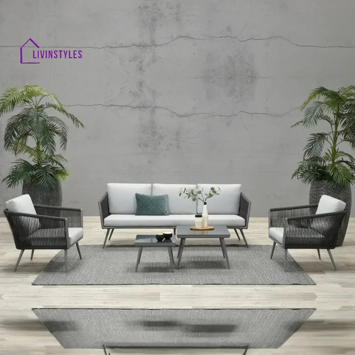 Teresa 5-Seater Outdoor Rope Patio Sofa Set with Glass Top Tables (Black & Grey) - Sofa Set
