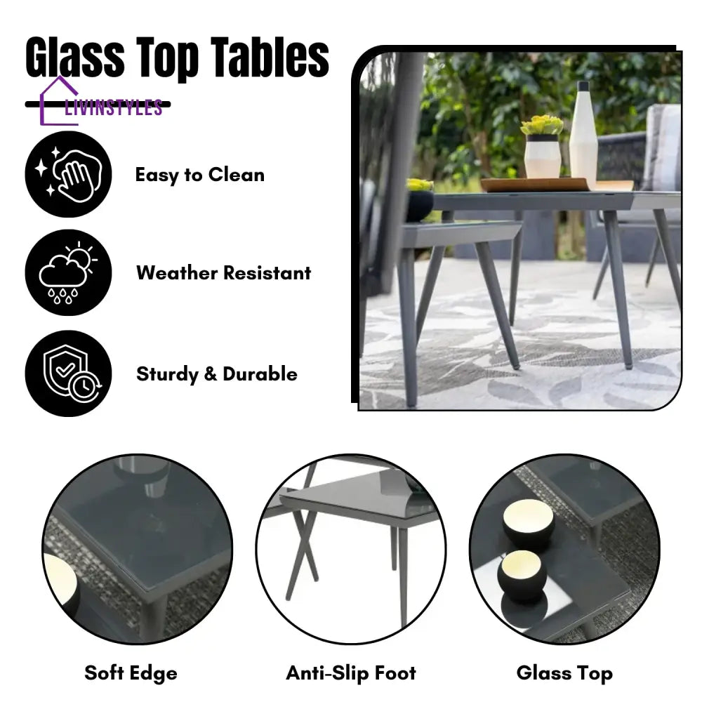 Teresa 5-Seater Outdoor Rope Patio Sofa Set with Glass Top Tables (Black & Grey) - Sofa Set